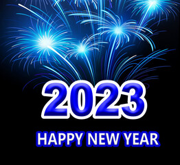 happy new year with black firework background blue celebration with happiness and enjoy with your friends and family and this poster is decorated to wish your friends with shine and sparkle fire work.