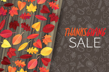 Thanksgiving sale flyer or poster. Fall traditional american holiday. Background with maple and oak red and orange leaves on wooden rustic board. Vector illustration.