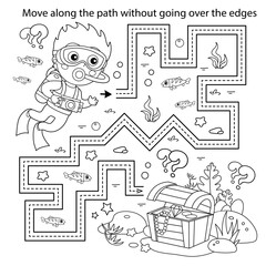 Handwriting practice sheet. Simple educational game or maze. Coloring Page Outline Of cartoon boy scuba diver with chest of treasure. . Underwater world. Coloring book for kids.