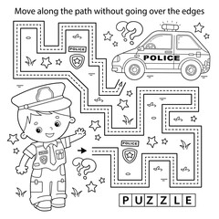 Handwriting practice sheet. Simple educational game or maze. Coloring Page Outline Of cartoon policeman with car. Profession - police. Coloring book for kids.