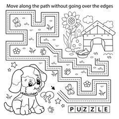 Handwriting practice sheet. Simple educational game or maze. Coloring Page Outline Of cartoon little dog with doghouse or kennel. Coloring book for kids.