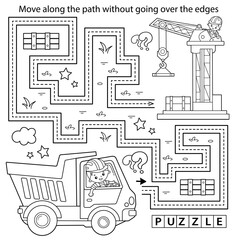 Handwriting practice sheet. Simple educational game or maze. Coloring Page Outline Of cartoon lorry or dump truck. Elevating crane on build. Construction vehicles. Coloring book for kids.