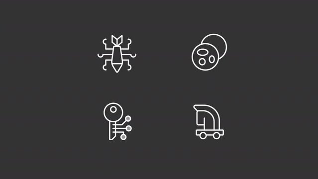 Animated threat white line icon set. Browser cookie. Detect vulnerabilities. Seamless loop HD video pack with alpha channel on transparent background. Motion graphic design for night mode