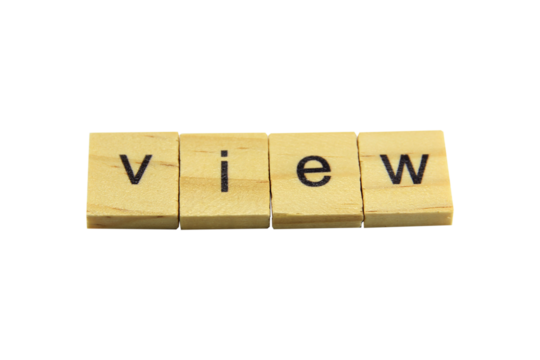 Short word english letter "view" on a small wooden block isolated on white background.Selection focus.