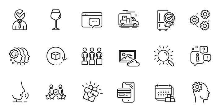 Outline set of Certified refrigerator, Vacancy and Security agency line icons for web application. Talk, information, delivery truck outline icon. Vector