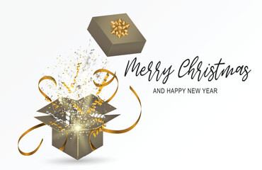 Merry Christmas card. Open white box with flying out confetti. Holiday design concept. Vector illustration.
