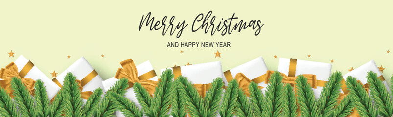 Merry Christmas banner or header. White gift boxes with golden bows under green fir tree branches on blue background. Realistic vector illustration.