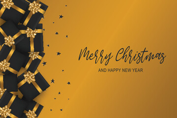 Merry Christmas greeting card. Black luxurious design - presents boxes with golden ribbon and bow, gold stars confetti on surface. Hand written lettering. Realistic vector illustration