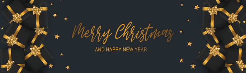 Merry Christmas banner or header. Black luxurious design - presents boxes with golden ribbon and bow, gold stars confetti. Hand written lettering. Realistic vector illustration