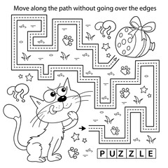 Handwriting practice sheet. Simple educational game or maze. Coloring Page Outline Of cartoon cat with sausage. Coloring book for kids.