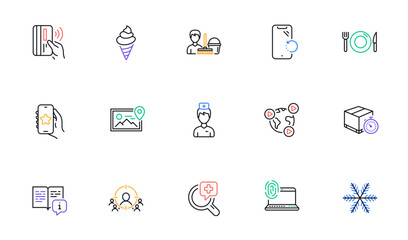 Medical analyzes, Doctor and Smartphone recovery line icons for website, printing. Collection of Contactless payment, Manual, Business targeting icons. Favorite app, Computer fingerprint. Vector