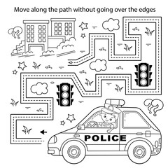 Handwriting practice sheet. Simple educational game or maze. Coloring Page Outline Of cartoon policeman with car. Profession - police. Coloring book for kids. © oleon17