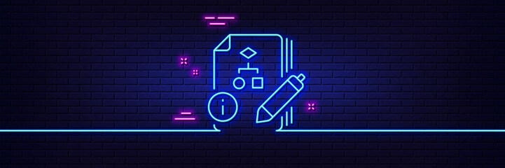 Neon light glow effect. Documentation with algorithm line icon. Technical instruction sign. 3d line neon glow icon. Brick wall banner. Algorithm outline. Vector