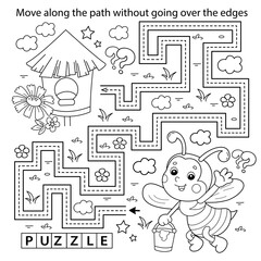 Handwriting practice sheet. Simple educational game or maze. Coloring Page Outline Of cartoon bee with bucket of honey. Coloring book for kids.R671