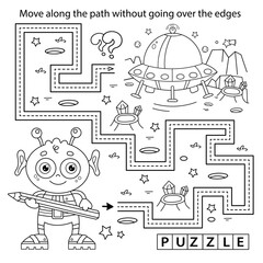 Handwriting practice sheet. Simple educational game or maze. Coloring Page Outline Of cartoon alien with a flying saucer on a planet in space. Coloring book for kids.