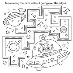 Handwriting practice sheet. Simple educational game or maze. Coloring Page Outline Of cartoon alien with a flying saucer in space. Coloring book for kids.