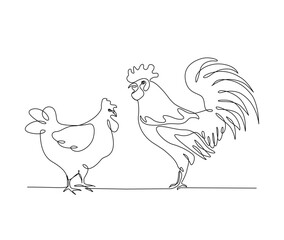 Fototapeta na wymiar Continuous one line drawing of rooster and hen chicken. Male chicken and hen simple line art vector design.