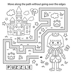 Handwriting practice sheet. Simple educational game or maze. Coloring Page Outline Of cartoon prince. Beautiful young king. Royal castle or palace. Fairy tale. Coloring book for kids.