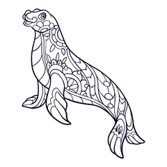 Cute Sea Lion cartoon mandala arts isolated on white background
