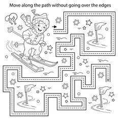 Handwriting practice sheet. Simple educational game or maze. Coloring Page Outline Of cartoon boy skiing. Winter sports. Coloring book for kids.