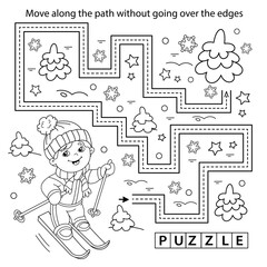 Handwriting practice sheet. Simple educational game or maze. Coloring Page Outline Of cartoon boy skiing. Winter sports. Coloring book for kids.