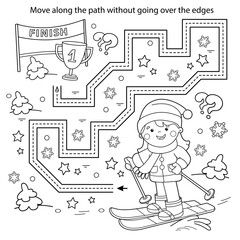 Handwriting practice sheet. Simple educational game or maze. Coloring Page Outline Of cartoon girl skiing. Winter sports. Coloring book for kids.
