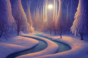 winter landscape with forest and river, magical fantasy, winter background, digital art, illustration  - 542759012