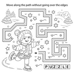 Handwriting practice sheet. Simple educational game or maze. Coloring Page Outline Of cartoon girl skating. Winter sports. Coloring book for kids.