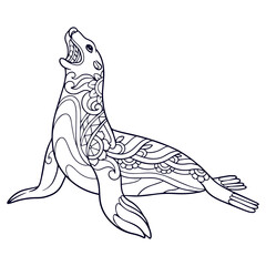 Cute Sea Lion cartoon mandala arts isolated on white background
