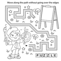 Handwriting practice sheet. Simple educational game or maze. Coloring Page Outline Of cartoon boy with brush and paints. Little artist with easel. Coloring book for kids.