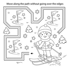 Handwriting practice sheet. Simple educational game or maze. Coloring Page Outline Of cartoon boy skiing. Winter sports. Coloring book for kids.
