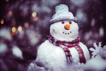 A landscape shot of a snow man with a scarf and a hat on a snowy day