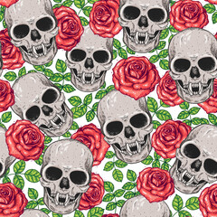 Skull and roses seamless pattern. Hand drawn vector illustration. Fabric design template. Skull background.