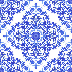 Vintage damask indigo vignette tiles seamless ornamental watercolor arabesque paint design. Portuguese decorative ceramic tile