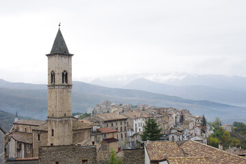 Fototapeta na wymiar Pacentro - Abruzzo - Italy - The houses and the high bell tower of the mother church that dominates the Peligna Valley