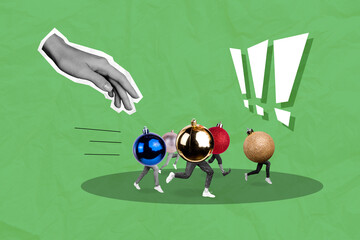 Collage photo poster of creative absurd hand grab choose decoration tradition new sphere christmas tree sale isolated on green color background