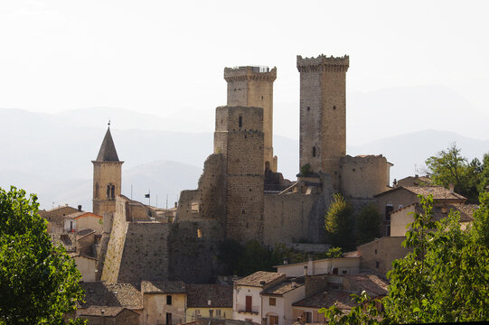 View of Pacentro and the Caldora or Cantelmo castle that dominates the characteristic mountain village - Abruzzo - Italy