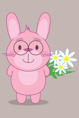 Obraz na płótnie Canvas Pink cute cartoon rabbit with flowers chamomile, vector illustration