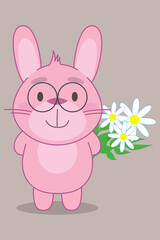 Pink cute cartoon rabbit with flowers chamomile, vector illustration