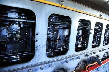 Details of a large diesel locomotive engine. Part of the diesel generator set in close-up.