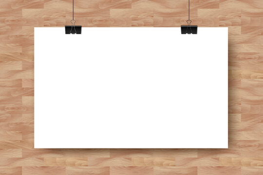 Vector Mockup with empty white horizontal poster on natural brown wooden background. Trendy portfolio white paper with shadow realistic background for web portfolio, poster, mock up, advertising.