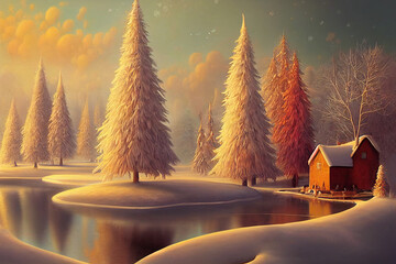 schöner winterlandschaftsseewald und haus, sonnenuntergang, digitale malerei, illustration