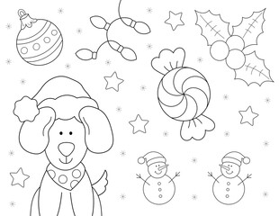 cute christmas dog, snowman and more holiday shapes. coloring page for kids that you can print on an 8.5x11 inch page