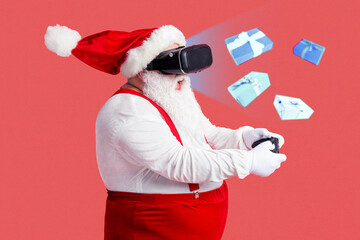 Collage photo of old age grandfather santa claus headwear costume playing joystick videogame vr spectacles gift isolated on red color background