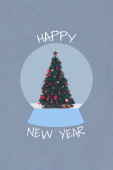 Image picture collage of glass snow globe with decorated christmas tree prepared for eve party...