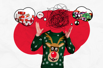 Banner creative collage of weird headless man confused prepare christmas occasion party on red...