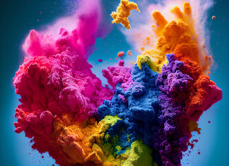 Colored powder explosion, mix of colours, on a blue background