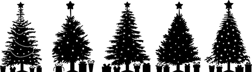 set of new year, christmas trees with gifts silhouette design isolated vector - obrazy, fototapety, plakaty