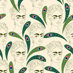 Beautiful woman with peacock feather vector seamless pattern