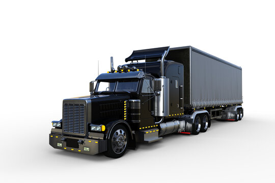 3D rendering of a generic black and grey semi-trailer freight truck isolated on transparent background.